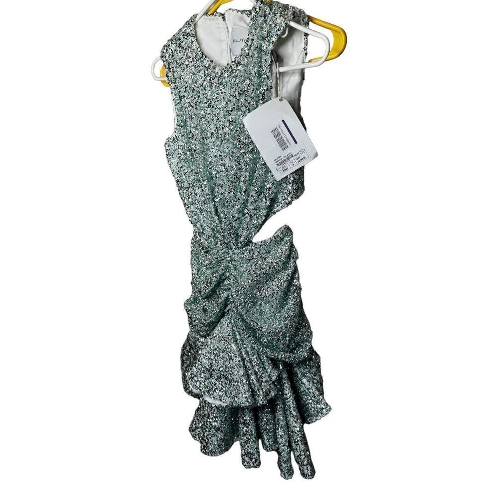 NWT Halpern cupped sequin high collared cut out dress aqua lace size 34/ US 2 - Picture 10 of 14